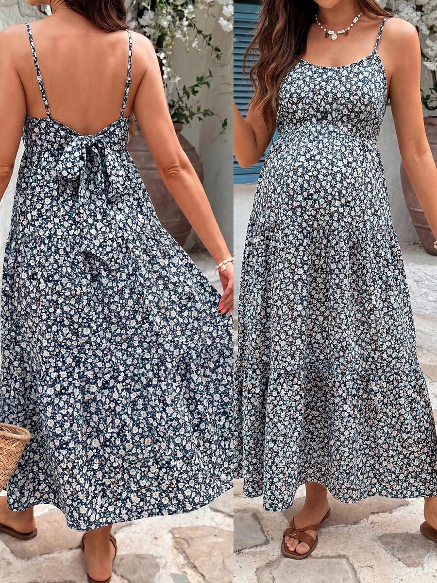 SHEIN 夏季孕妇碎花长吊带连衣裙 - 藏蓝色 - 查看 1