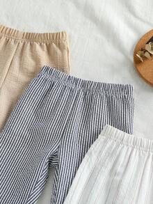 SHEIN 男嬰 0-3 歲 3 件套休閒波希米亞風直條紋印花鬆緊腰抽繩哈倫褲 海灘幼兒園秋季棕色白色 - 彩色 - 查看 9