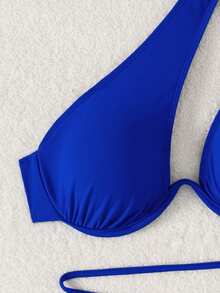 Swim SXY Women's Solid Color Metal Chain Asymmetric Neckline Bikini Set One Shoulder Bikini Sexy Swimwear Swimsuits Blue - Royal Blue - View 3