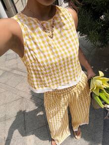 Serisse Women's Vacation Casual Plaid Tank Top And Long Pants 2 Pieces Set - Yellow - View 8