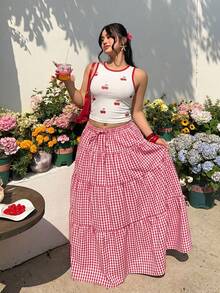 Muchica 大尺碼女款圓領對比飾邊櫻桃印花上衣與格紋百褶裙 1950年代復古 80年代 90年代 2件套 度假機場穿搭 紅白色 - 紅白色 - 查看 4