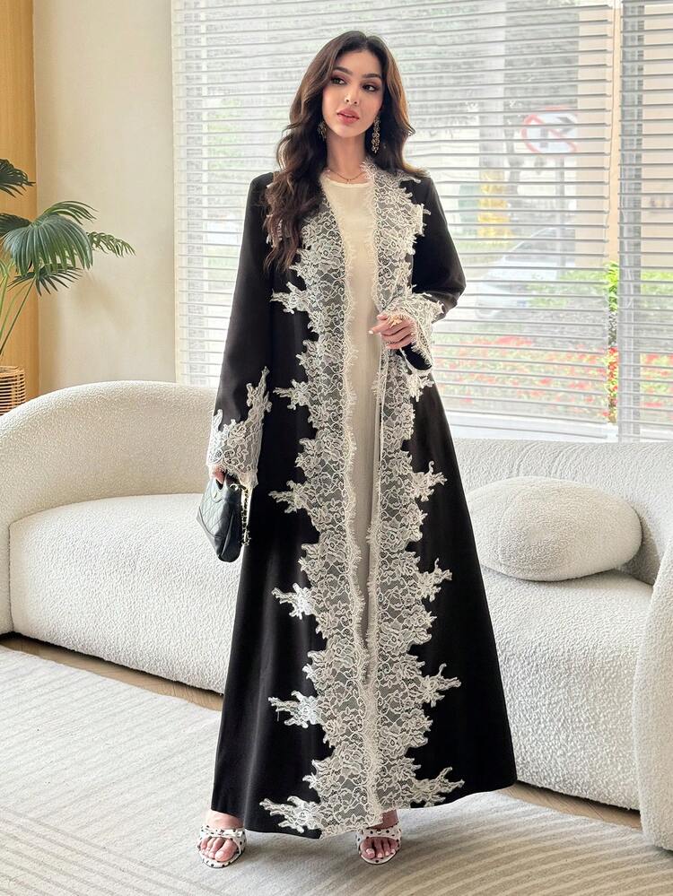 Al Najma Women's Elegant Daily Lace Patchwork Loose Slimming Abaya Embroidered Muslim Fashion Patchwork Long Robe - Black - View 3