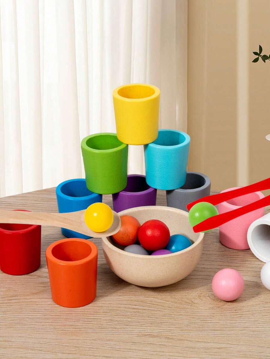 MINKOJA Wooden 10 Colors Ball & Cup Sorting Game Set In Color Box, STEM Educational Toy For Kids, Improves Hand-Brain Coordination & Fine Motor Skills, Practice Chopsticks & Spoon Use, Focus Training, Ideal Holiday Birthday Gift For Toddlers