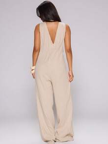MUSERA Deep Plunge V Front Cutout Sides Loose Flowy Fit Wide Straight Leg Jumpsuit Summer Spring Holiday Vacation Beach Ibiza Evening Sexy Going Out Muse - Apricot - View 4