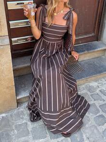 Siren Gaze Women's Vacation Casual Boho Brown Striped Dress Vacation Summer - Brown - View 4