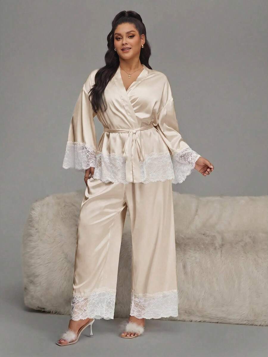HautHeat 大尺碼女款拼接蕾絲長袖睡袍與長褲優雅睡衣套裝 - 香檳色 - 查看 1