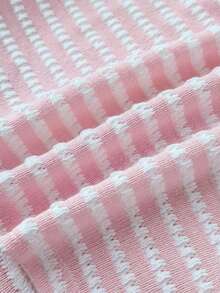 Teen Girls Summer New Pink Knit Textured Jacquard Ruched Chest Sweet Girly Cute Home Casual Off-Shoulder T-Shirt - Pink - View 7
