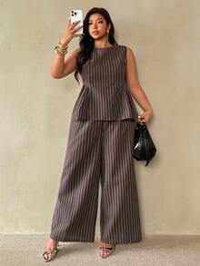 Auralis Plus Size Women's Round Neck Chocolate Brown Top And Long Pants Casual Elegant Daily 2 Pieces Set Office Formal Outfits For Work Summer Teachers' Day - Coffee Brown - View 5