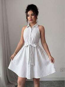 Vestido casual romántico sin mangas con cintura anudada para mujer 87F9 - Blanco y Negro - Ver 7