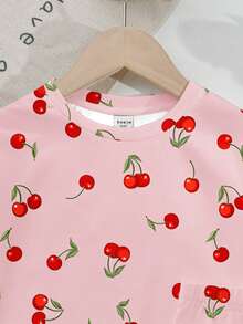 Young Girl Casual Simple Cherry Pattern Short Sleeve Shorts 2 Pieces Set Suitable For Summer - Multicolor - View 4