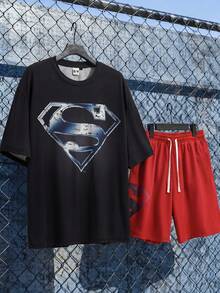 SUPERMAN X SHEIN Men's Summer Casual Letter Print T-Shirt And Shorts Set - Black - View 3