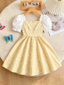 SHEIN Playful Pals 青少年女孩新款方領清新格紋印花蝴蝶結裝飾短袖洋裝 - 黃色 - 查看 3