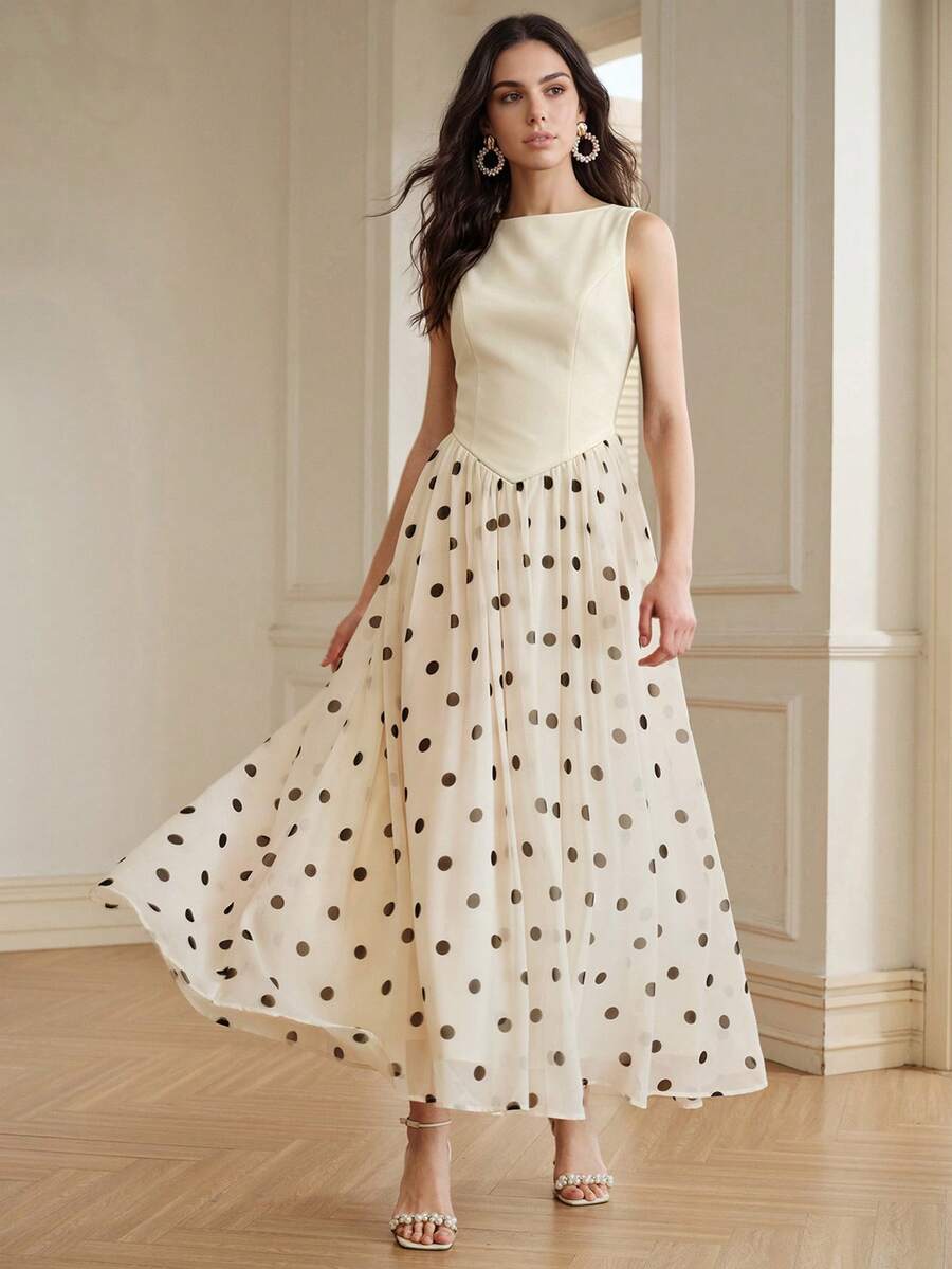 Anewsta Women's Elegant Boat Neck Sleeveless Polka Dot Print Patchwork Long Dress, Casual Wedding Beach Tea Party Garden, Vintage Spring/Summer, French Style - Apricot - View 1