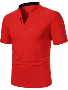 Manfinity Homme 男士夏季休閒缺口領 Polo 衫，正式款 - 紅色 - 查看 3