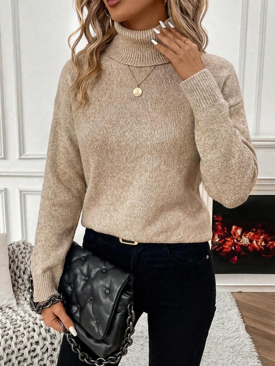 SHEIN 秋冬休閒百搭高領毛衣 - 卡其色 - 查看 1