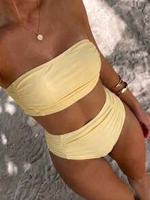 Swim Vcay Women's Solid Color Bandeau Bikini Set With Side Ruched Details, Beach Summer Outfit - Pale Yellow - View 3