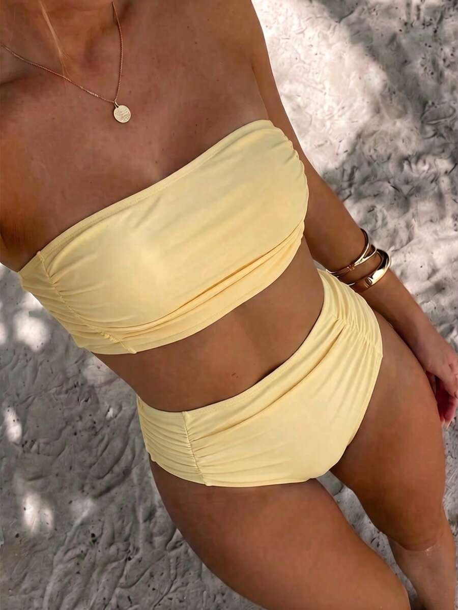 Swim Vcay Women's Solid Color Bandeau Bikini Set With Side Ruched Details, Beach Summer Outfit - Pale Yellow - View 1