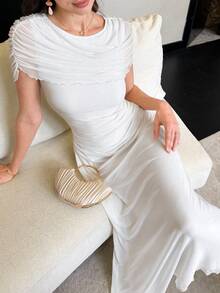 Modelyn 淡黃色薄紗褶皺後背繫帶優雅法式風格女款婚紗 - 白色 - 查看 5