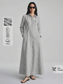 Ontre 2026新款春夏女款編織面料情人節婚禮季度假套裝條紋設計黑白寬鬆A字版型襯衫洋裝，日都市現代極簡時尚通勤 - 黑與白 - 查看 2