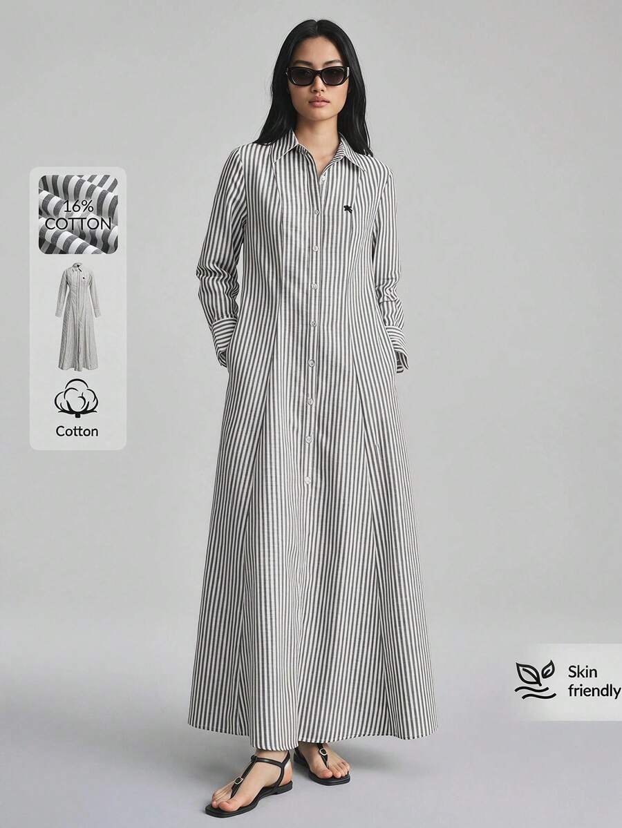 Ontre 2026新款春夏女款編織面料情人節婚禮季度假套裝條紋設計黑白寬鬆A字版型襯衫洋裝,日都市現代極簡時尚通勤 - 黑與白 - 查看 1