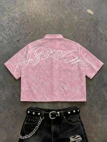Manfinity ZONE917 Boxy Cropped Casual Fashion Distressed Pink Rose Pattern Calligraphy English Print Short Shirt - Multicolor - View 1