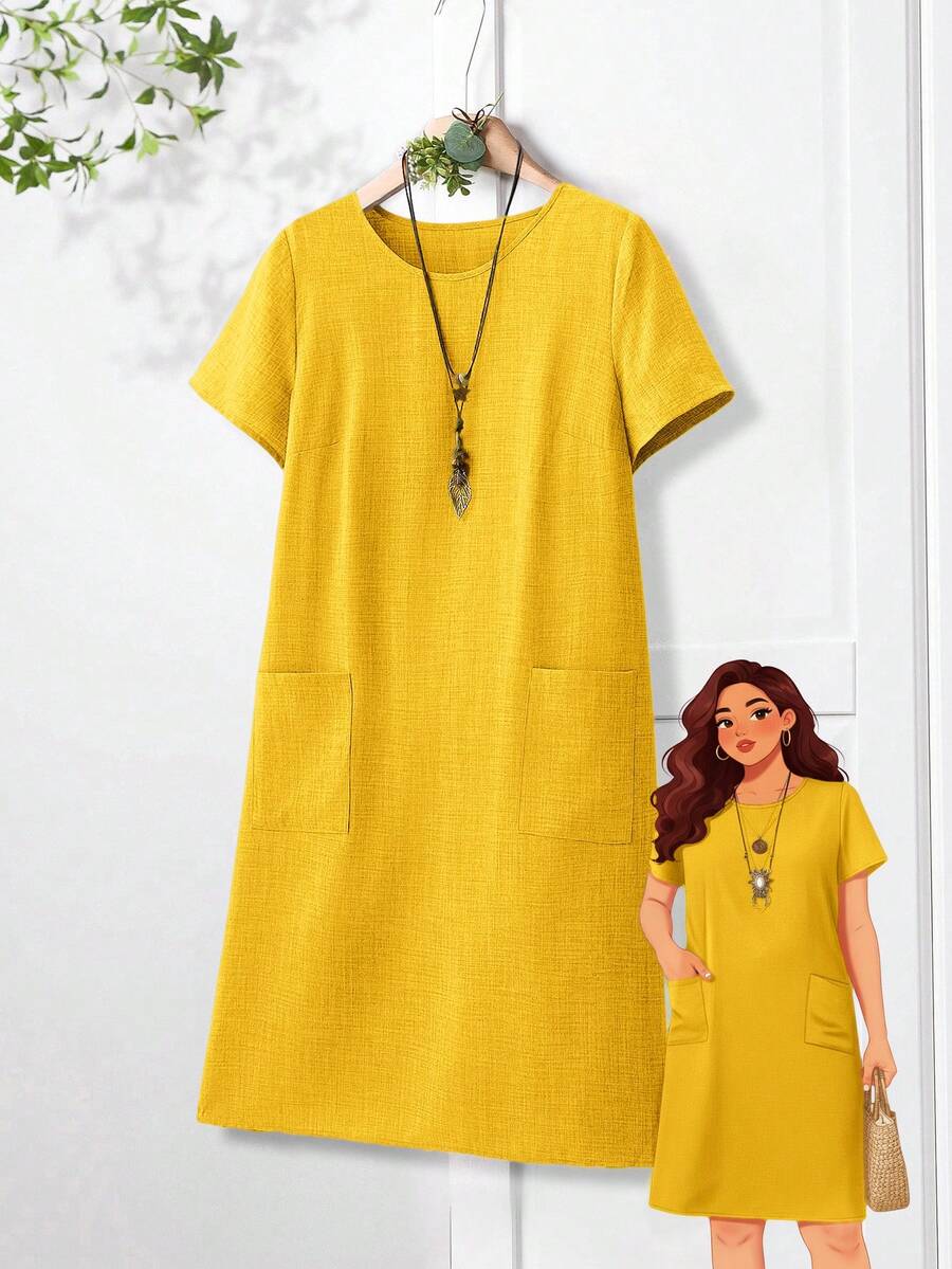 Rusticease Gaun Wanita Ukuran Besar Warna Polos Kasual Lengan Pendek dengan Saku Gaya Pedesaan untuk Wanita - Kuning - View 1
