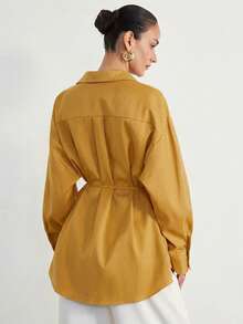 Aveloria Modichic Camisa de manga larga para mujer de estilo safari a rayas, corte holgado con drapeado, casual para ir al trabajo, con cuello abatible, cuello de pie, cinturón, de largo medio, nueva para otoño/invierno - Amarillo - Ver 6