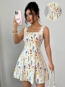 Rafferiza Ditsy Floral Square Neck Tie Waist A-Line Sleeveless Dress For Women - Multicolor - View 1