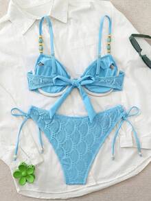 Swim Chiccia 26SS Spring/Summer Vacation Beach Textured Fabric Green Underwire Push-Up Swimsuit Two Pieces Set - Blue - View 2
