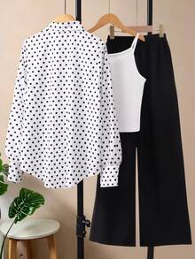 SHEIN 青少年女孩 3件組休閒套裝：翻領開襟衫印花襯衫、修身短版吊帶背心，時尚風格，適合畢業、生日正式場合，Y2K 白色 - 黑與白 - 查看 2