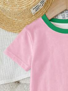 SHEIN Baby Girl Casual Simple Round Neck Loose Short Sleeve T-Shirt And Tight Biker Shorts Set, Suitable For Spring And Summer - Multicolor - View 3