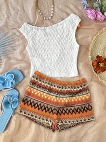 SHEIN 青少年女孩春夏休閒熱帶海灘度假春假復活節音樂節穿搭 優雅波希米亞風白色橘色兩件套 - 橘色 - 查看 2