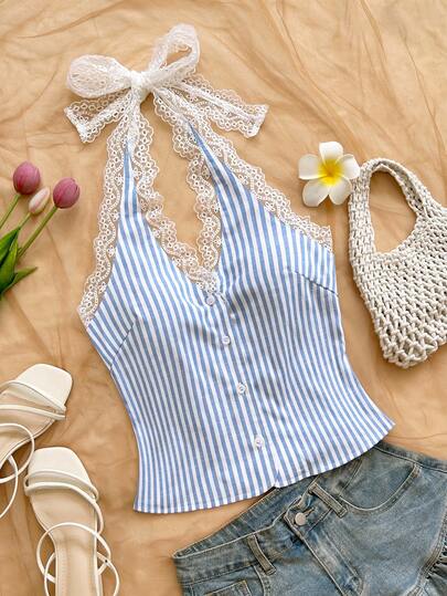 Soleia Women's Striped Single-Breasted Contrast Lace Halter Neck Tank Top