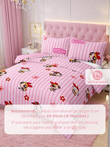 THE POWERPUFF GIRLS X SHEIN 三件套可爱卡通印花被套，光滑面料，柔软保暖，红色被套，多种尺寸可选，适用于单人床/双人床/大号床/特大号床 - 粉色 - 查看 8