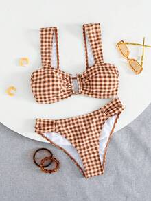 Swim Mod 女款新款圓點印花寬肩帶U領比基尼上衣與高衩比基尼泳褲性感夏季比基尼泳裝套裝 - 彩色 - 查看 1