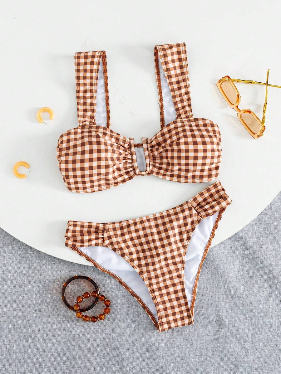 Swim Mod 女款新款圓點印花寬肩帶U領比基尼上衣與高衩比基尼泳褲性感夏季比基尼泳裝套裝 - 彩色 - 查看 1