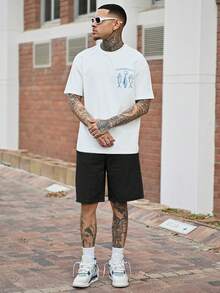 Devon Thys Men's Loose Casual Pocketed Wide Leg Denim Shorts Jorts - Black - View 4