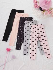 SHEIN 5 Pcs Girls' Leggings, Including Solid Color And Printed Styles, Simple And Versatile, Soft And Skin-Friendly Knit Fabric, Machine Washable, Comfortable Fit (5 Pieces Are Sold As A Set) - Multicolor - View 2