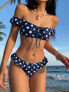 SHEIN MOD 女款夏季海灘性感復古圓點比基尼套裝，適合度假海邊海灘 - 彩色 - 查看 2