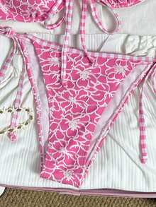 Swim Mod 女款泳裝，度假可愛比基尼，桃紅色花卉海灘裝，適合女性出遊、情人節度假，SS26夏季/西式風格/夜店/休閒度假海灘泳裝 - 彩色 - 查看 5