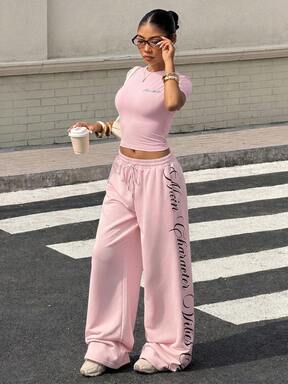 Muchica Women's Round Neck Short Sleeve Top & Printed Casual Pants Set,Summer Outfits For Women