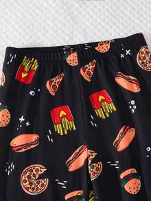 SHEIN Setelan Baju Tidur Rumahan Nyaman untuk Anak Laki-Laki (Tween Boy) Motif Kartun Burger, Pas Badan, Lengan Pendek Ketat, Celana Panjang, Rajut, 2 Potong - Hitam - View 7