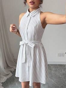 Vestido casual romántico sin mangas con cintura anudada para mujer 87F9 - Blanco y Negro - Ver 5