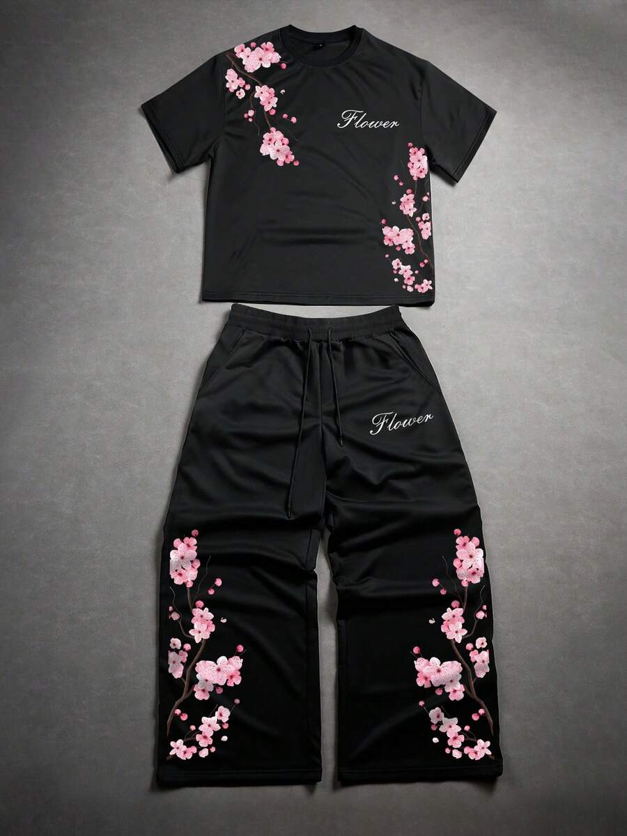 Manfinity EMRG 男士印花圆领短袖休闲T恤,百搭夏季单品 - 黑色 - 查看 1