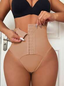 SHEIN Pantalones moldeadores de cintura alta para mujeres, bragas tipo g-string con botones - Caqui - Ver 4