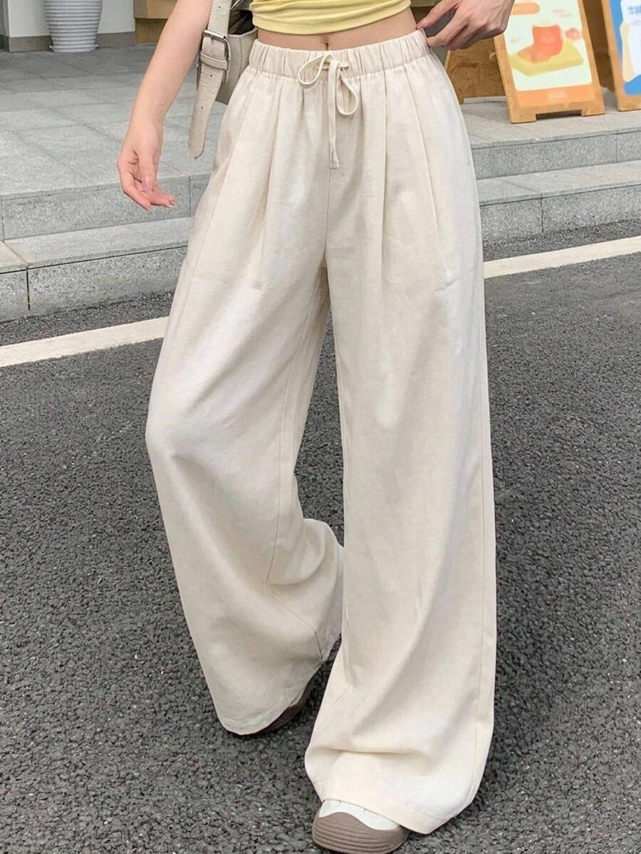 Livesso 女士纯色宽松直筒裤,松紧腰带抽绳,夏季休闲长裤 - 杏色 - 查看 1