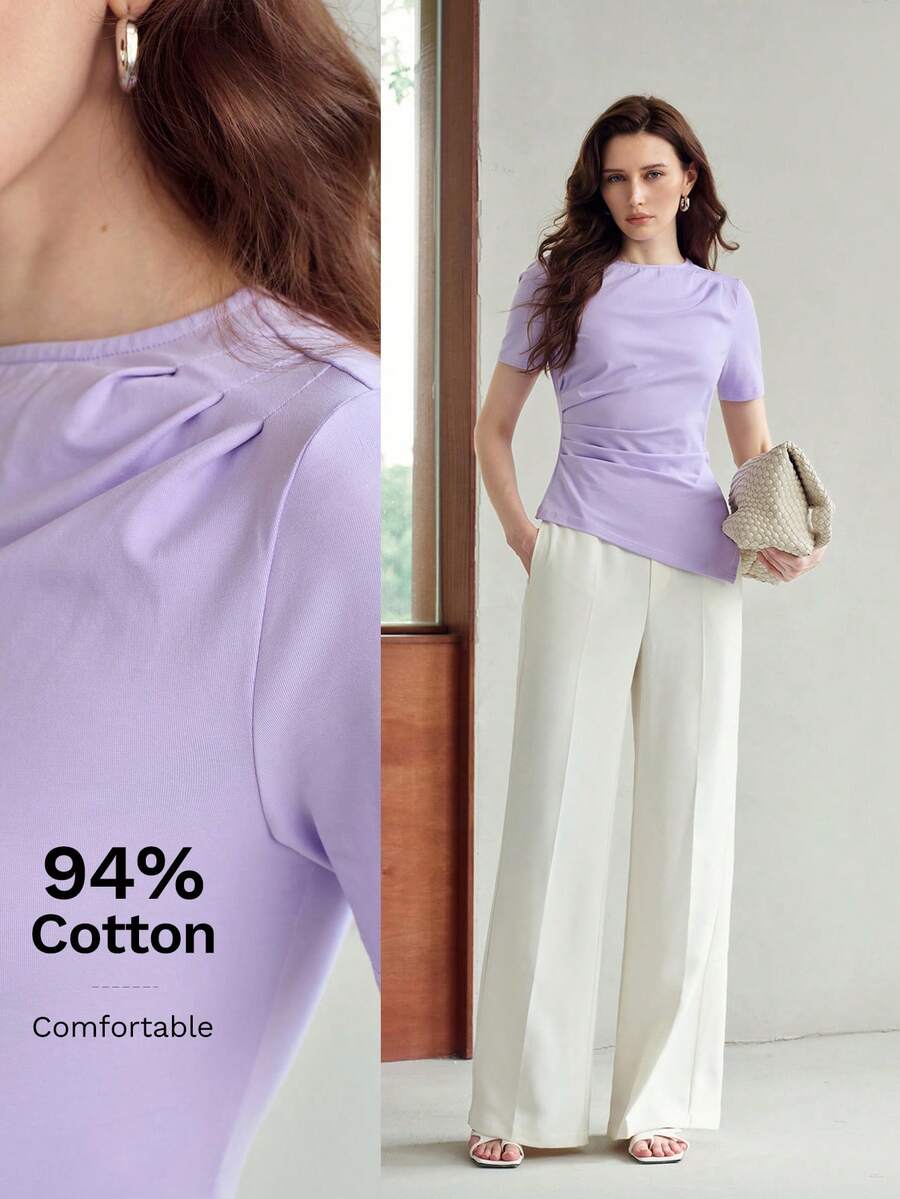 MOTF PREMIUM KAOS LENGAN PENDEK KATUN ASIMETRIS BERLIPIT, KERANJANG BULAT, MUSIM SEMI/PANAS - Purple - View 1