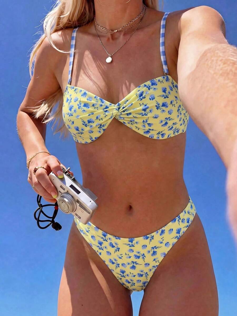 Swim Mod 女款夏季海灘度假花卉印花細肩帶比基尼三角褲兩件式泳衣套裝 奶油黃 性感熱帶風 - 彩色 - 查看 1