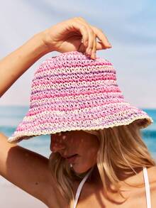 Swim Mod 1pc Rainbow Striped Straw Bucket Hat, Women Outdoor Fishing Cap, Woven Striped Bucket Hat, Large Size - Fixed Fit, Wide Brim Beach Vacation Straw Hat - Multicolor - View 15