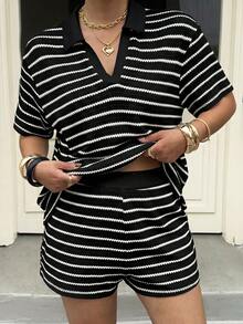 Muchica Plus Size Women's Summer Casual Vacation Daily Commute Color Block Striped Print V-Collar Short Sleeve T-Shirt And Shorts Set - Black - View 6